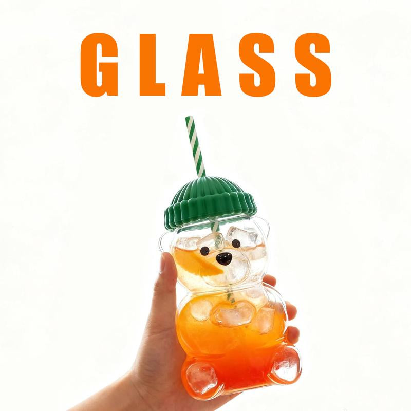 Cute Bear Cold Cup for 2026 Holiday Collection - Nostalgic 20Oz Glass Mug with Striped Straw & Green Beanie Lid for Coffee, Beer, Wine, Cocktails - Perfect Christmas & Couples Gift for Kids