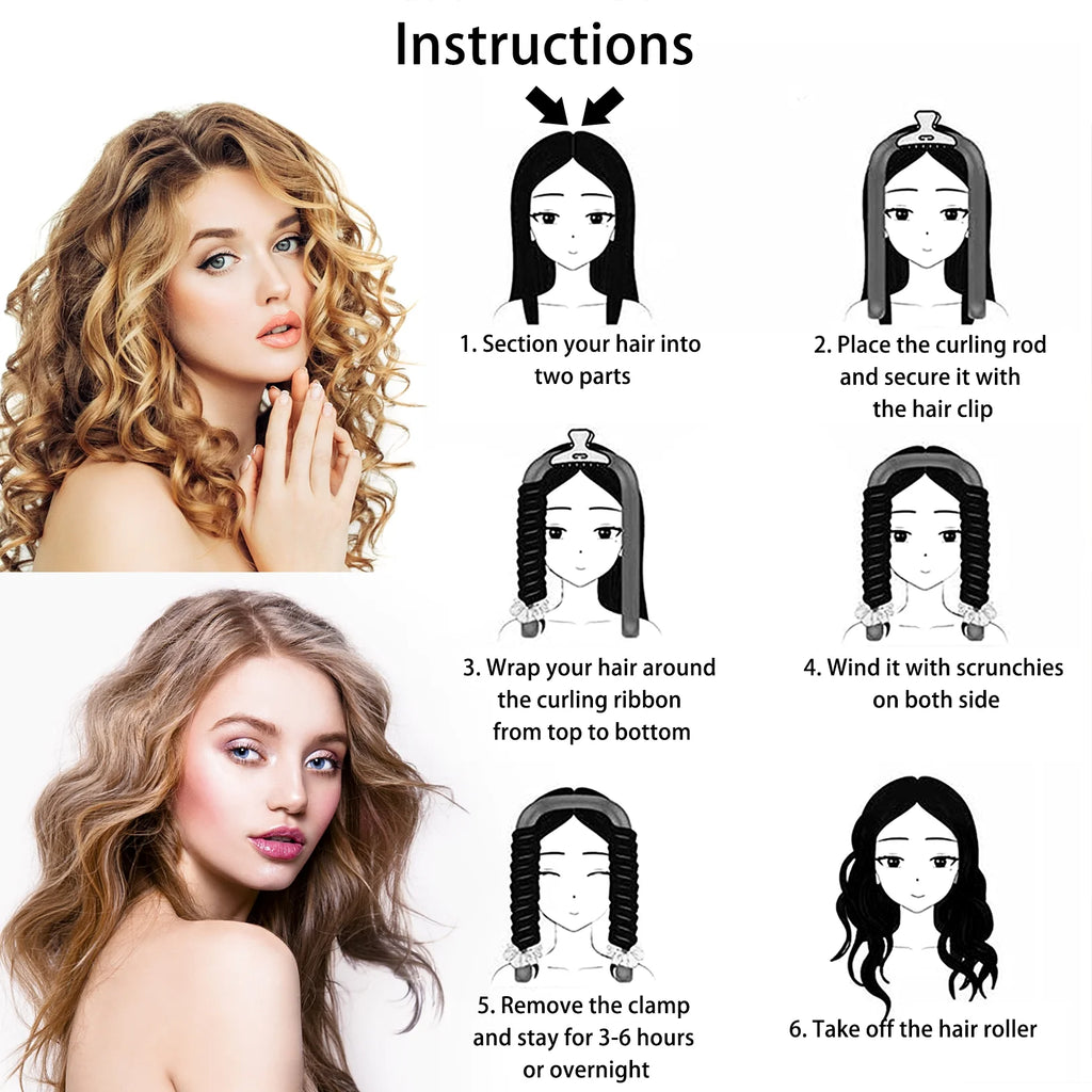 2Pcs Heatless Curling Set for Long Hair No Heat Curler Rod Headband Silk Ribbon Soft Foam Hair Rollers with Hair Clips Scrunchie Rubber Band