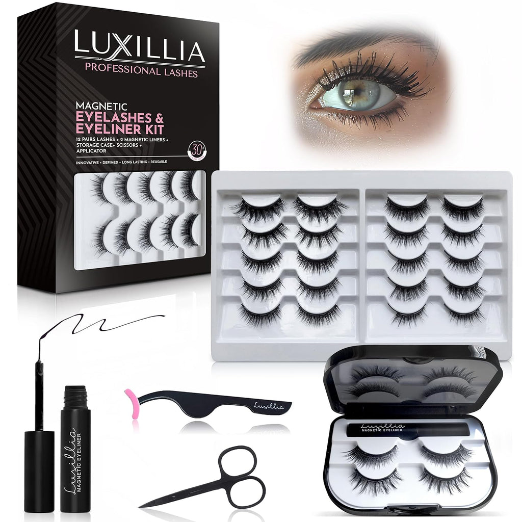 Magnetic Eyelashes Kit – 16 Piece Magnetic Eyelash & Eyeliner Set with Applicator – Natural Look Easy Apply Reusable Fake Extension Lashes, No Glue – Pestañas Postizas Magnéticas Naturales