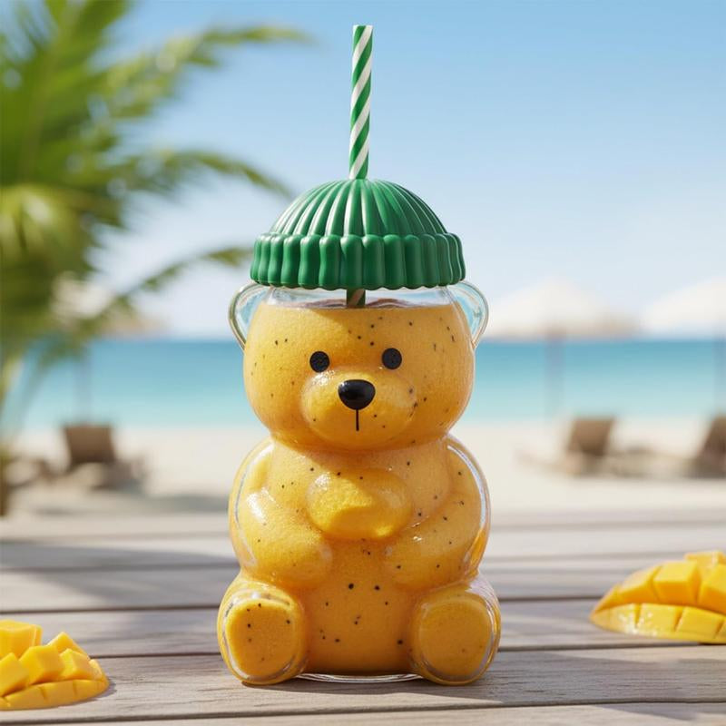 Cute Bear Cold Cup for 2026 Holiday Collection - Nostalgic 20Oz Glass Mug with Striped Straw & Green Beanie Lid for Coffee, Beer, Wine, Cocktails - Perfect Christmas & Couples Gift for Kids