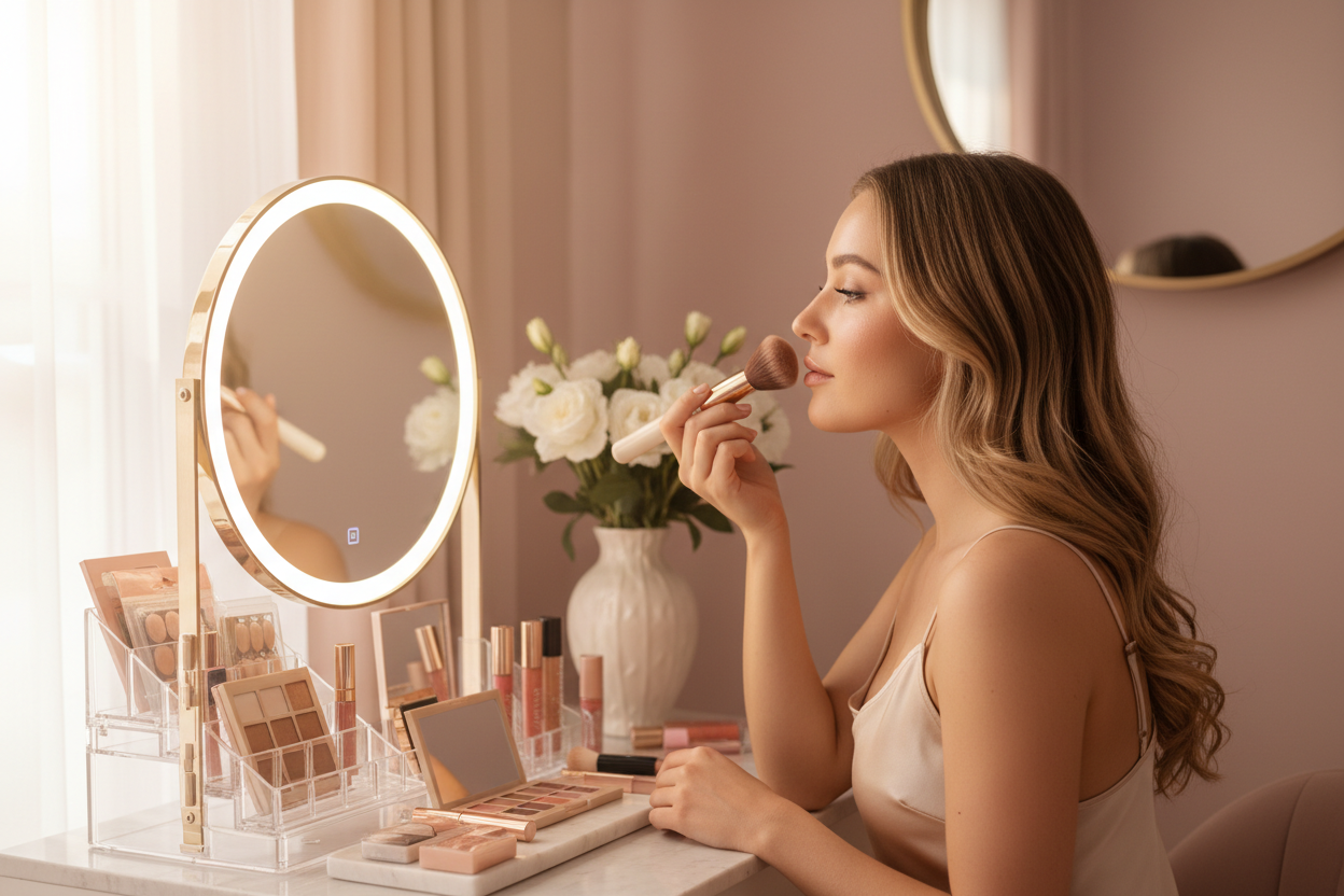 Rutina de maquillaje en espacio aesthetic con luz natural